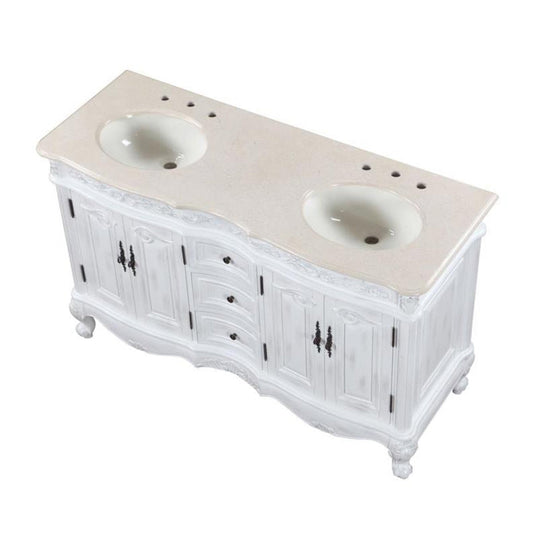 Silkroad Exclusive 58" Double Sink Antique White Vanity w/ Crema Marfil Marble - HYP-0145-CM-UIC-58