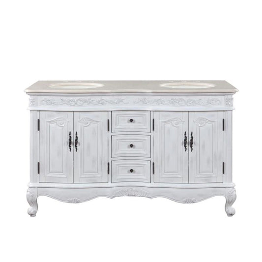 Silkroad Exclusive 58" Double Sink Antique White Vanity w/ Crema Marfil Marble - HYP-0145-CM-UIC-58
