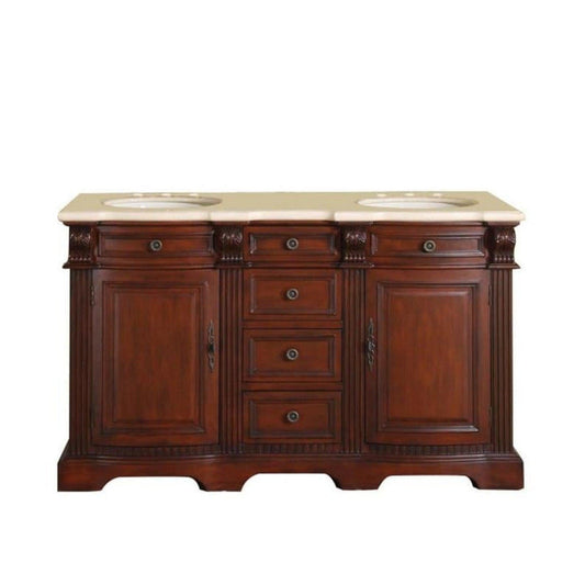 Silkroad 58" Double Sink Brazilian Rosewood Vanity with Crema Marfil Marble & White Ceramic Sink - WFH-0197-CM-UWC-58