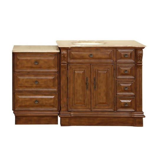 Silkroad Exclusive 58" Single Left Sink Walnut Vanity with Travertine Top & Ivory Undermount Sink - HYP-0904-T-UIC-58-L