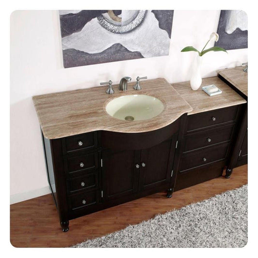 Silkroad Exclusive 58" Right Sink Vanity, Travertine Top, Dark Walnut – HYP-0902-T-UIC-58-R