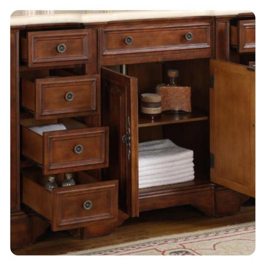 Silkroad Exclusive 59" Single Sink English Chestnut Vanity, Crema Marfil Marble, White Ceramic Sink – WFH-0199-CM-UWC-58