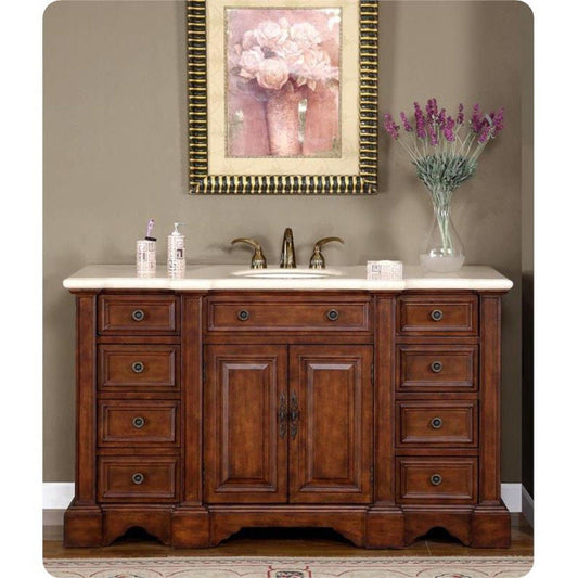Silkroad Exclusive 59" Single Sink English Chestnut Vanity, Crema Marfil Marble, White Ceramic Sink – WFH-0199-CM-UWC-58
