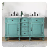 Silkroad Exclusive 60" Double Sink Retro Green Bathroom Vanity With Carrara White Marble Countertop and White Ceramic Undermount Sink -V0313NW60D