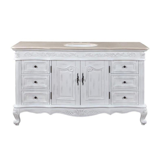 Silkroad Exclusive 60" Single Sink Antique White Vanity, Crema Marfil Marble, Undermount Sink - JB-0273-CM-UWC-60