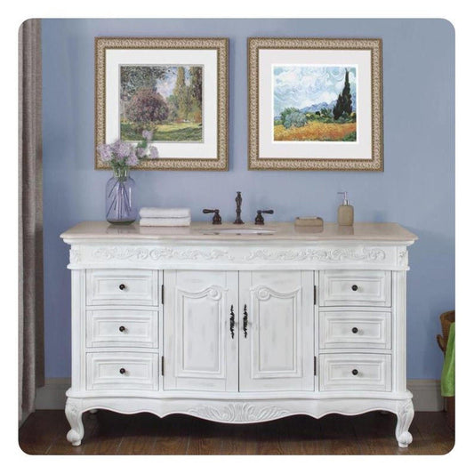 Silkroad Exclusive 60" Single Sink Antique White Vanity, Crema Marfil Marble, Undermount Sink - JB-0273-CM-UWC-60