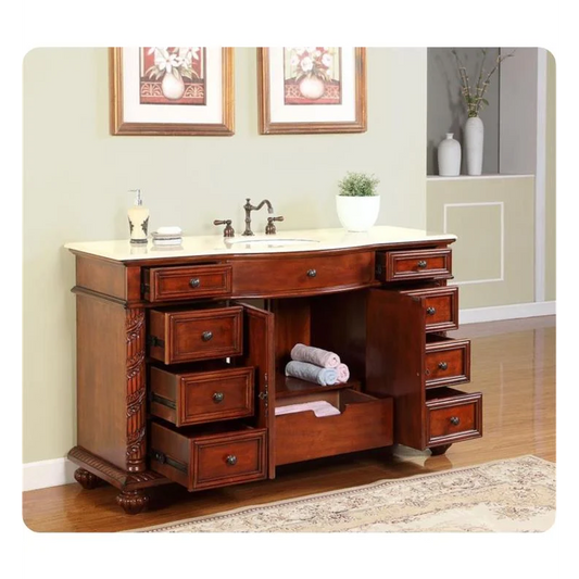 Silkroad 60" Red Chestnut Vanity, Marble Top, Undermount Sink - FS-0268-CM-UWC-60