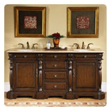 Silkroad Exclusive 72" Double Sink Dark Chestnut Bathroom Vanity With Travertine Countertop and Ivory Ceramic Undermount Sink - LTP-0176-T-UIC-72