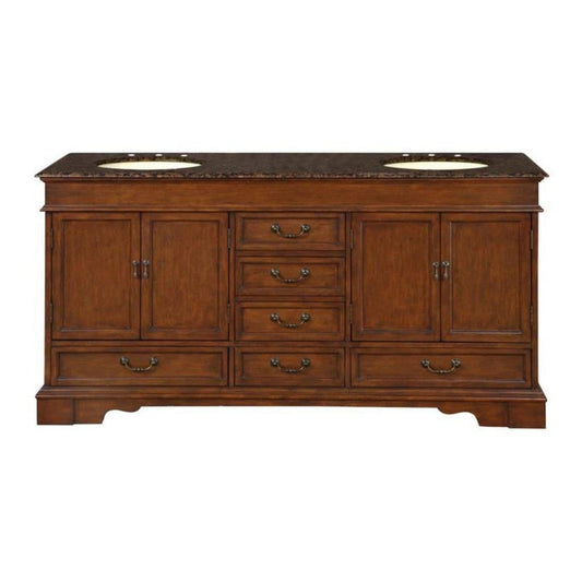 Silkroad Exclusive 72" Double Sink Vanity – Red Chestnut, Baltic Brown Granite, Ivory Ceramic Sink – HYP-0715-BB-UIC-72