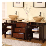 Silkroad Exclusive 73" Double Sink Dark Chestnut Bathroom Vanity With Travertine Countertop and Travertine Round Vessel Sink - HYP-0808N-T-73_S29B