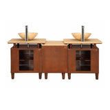 Silkroad Exclusive 73" Double Sink Dark Chestnut Bathroom Vanity With Travertine Countertop and Travertine Round Vessel Sink - HYP-0808N-T-73_S29B
