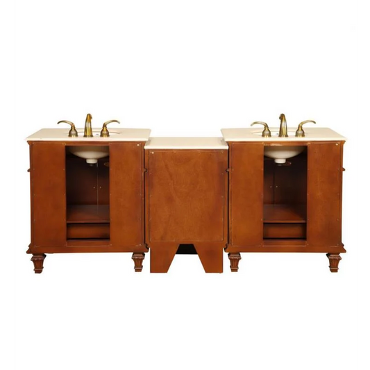 Silkroad HYP-0205-CM-UIC-80 80" Double Sink Cherry Vanity, Crema Marfil Marble, Ivory Ceramic Sinks