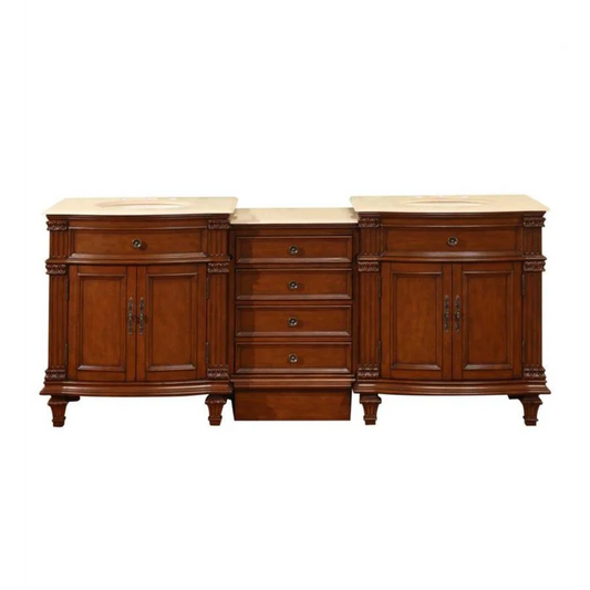 Silkroad HYP-0205-CM-UIC-80 80" Double Sink Cherry Vanity, Crema Marfil Marble, Ivory Ceramic Sinks