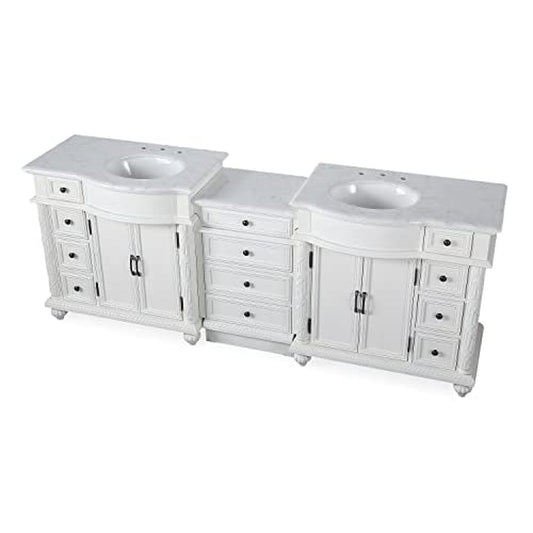 Silkroad V0213WW90D 90" Double Sink Antique White Vanity, Carrara Marble, White Ceramic Undermount Sink