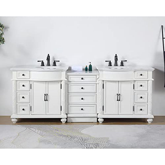 Silkroad V0213WW90D 90" Double Sink Antique White Vanity, Carrara Marble, White Ceramic Undermount Sink