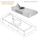 Awoco RH-SP08-T Super Quiet Split Stainless Steel Under Cabinet Range Hood, 4 Speeds, 8" Round Top Vent, 1000CFM, with LED Lights - RH-SP08-T30