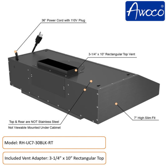 Awoco RH-UC7 30" Under Cabinet Range Hood, 900 CFM – RH-UC7-30BLK-6
