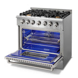 Thor Kitchen Appliance Package - 36 in. Natural Gas Range, Range Hood, Microwave Drawer, Refrigerator, Dishwasher, Wine Cooler, AP-HRG3618U-8