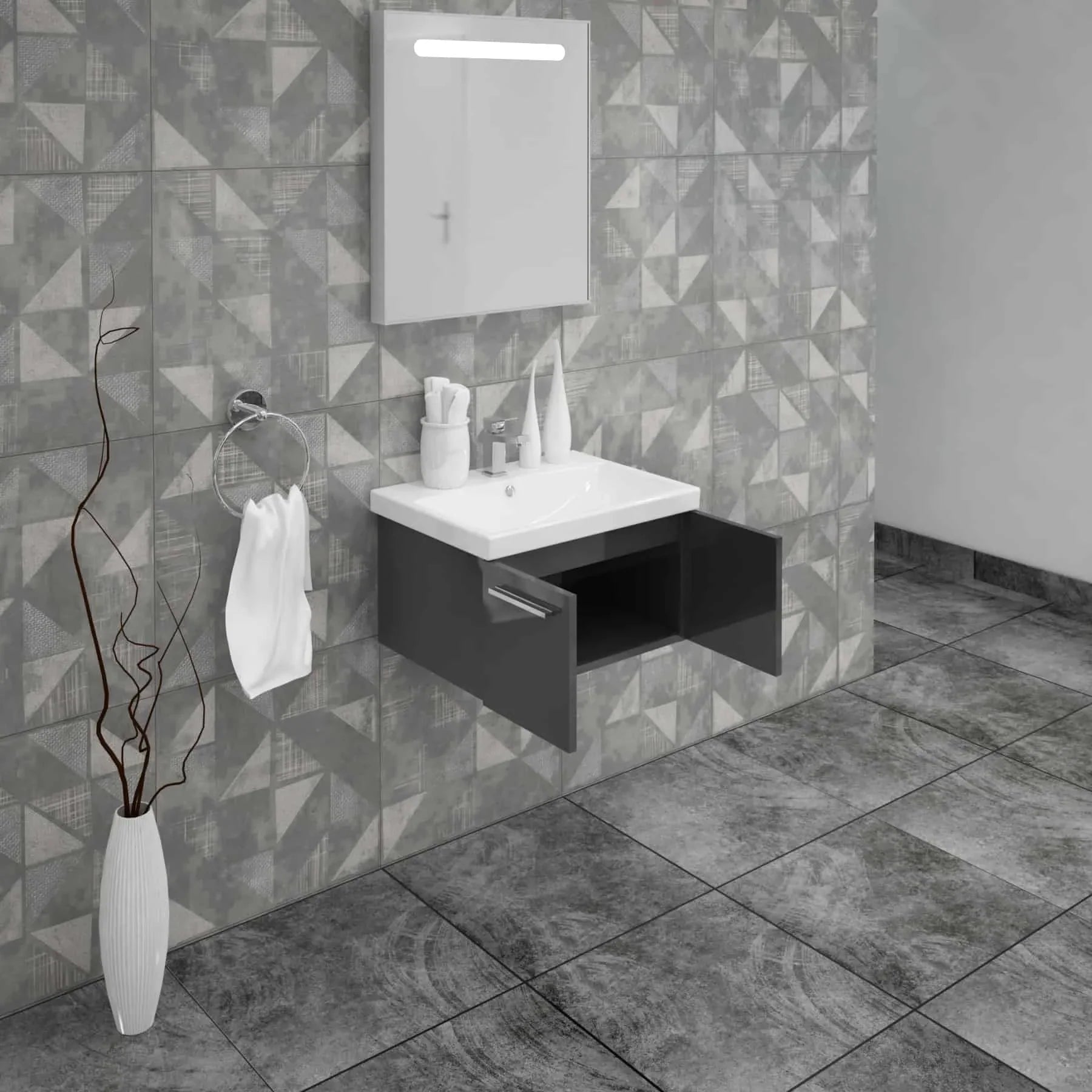 Casa Mare Aspe 24 Glossy Gray Vanity Ceramic Sink Combo - Aspe60GG-24-MSC-S