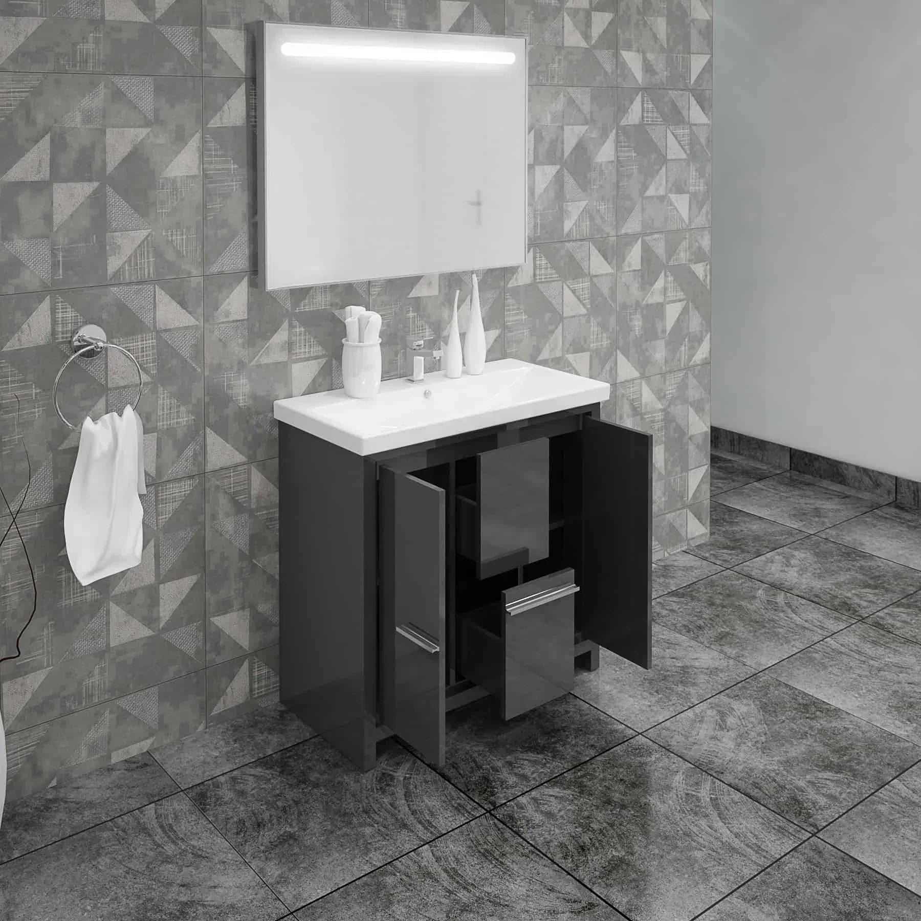 Casa Mare Alessio 32 Glossy Gray Vanity Ceramic Sink Combo - Alessio80GG-32-MSC-S