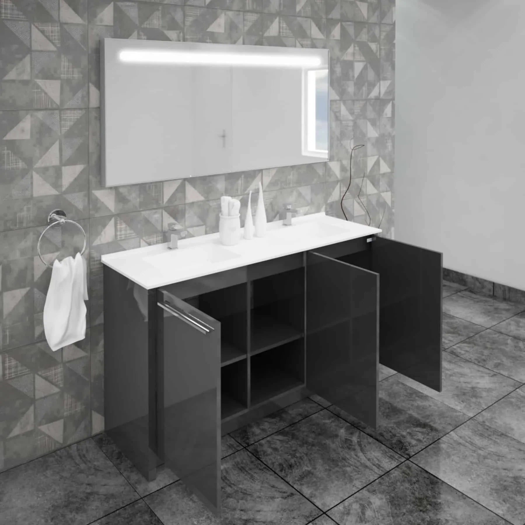 Casa Mare Benna 63 Glossy Gray Bathroom Vanity and Double Sink Combo with LED Mirror - Benna160GG-63-S