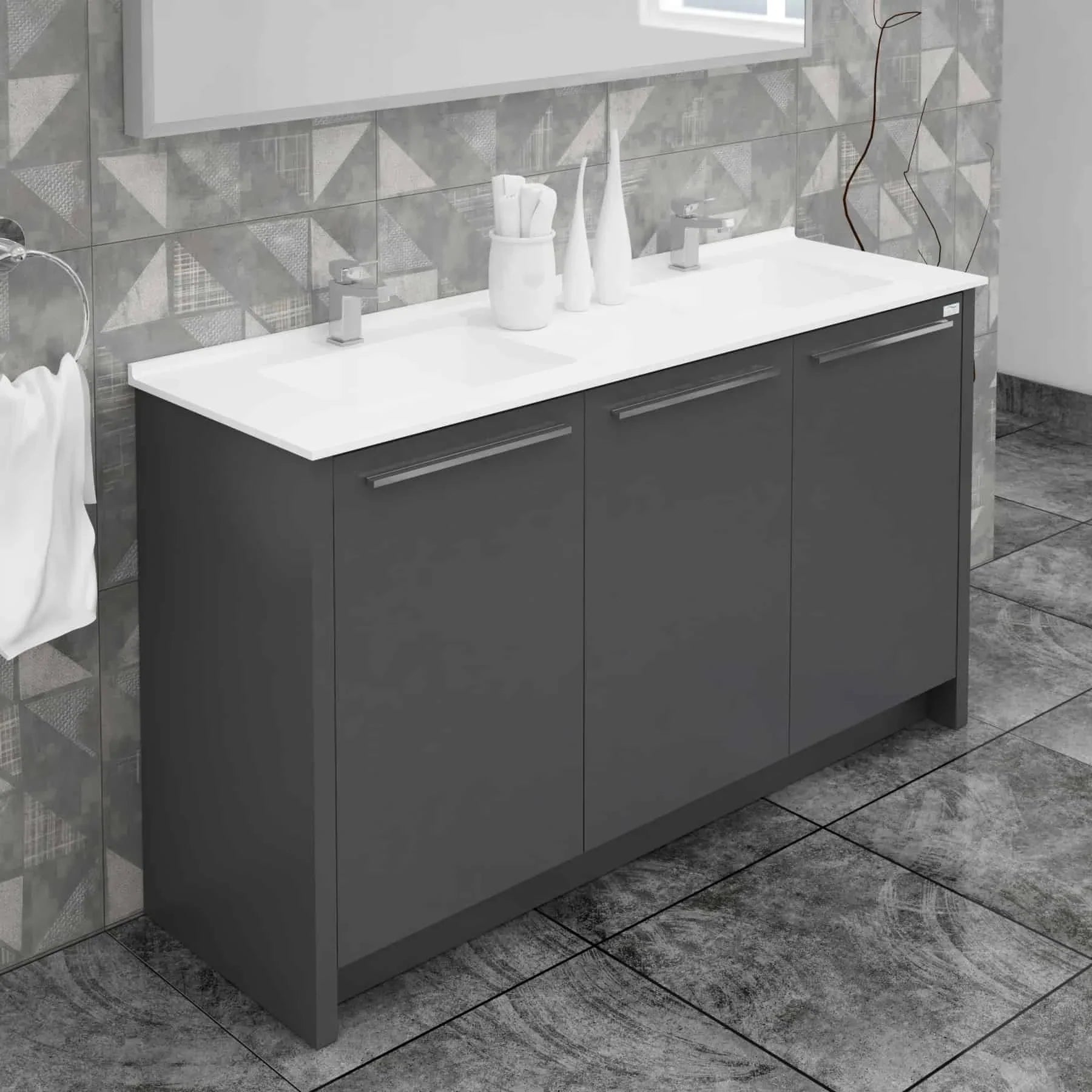 Casa Mare Benna 63 Glossy Gray Bathroom Vanity and Double Sink Combo with LED Mirror - Benna160GG-63-S