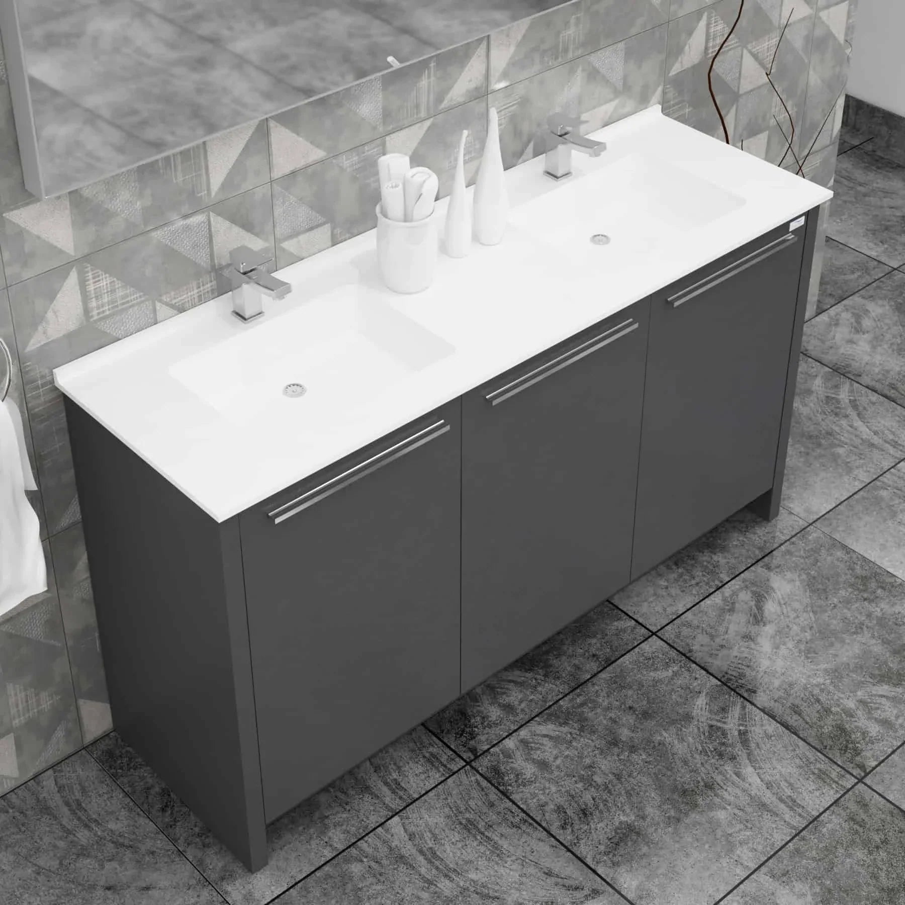 Casa Mare Benna 63 Glossy Gray Bathroom Vanity and Double Sink Combo with LED Mirror - Benna160GG-63-S