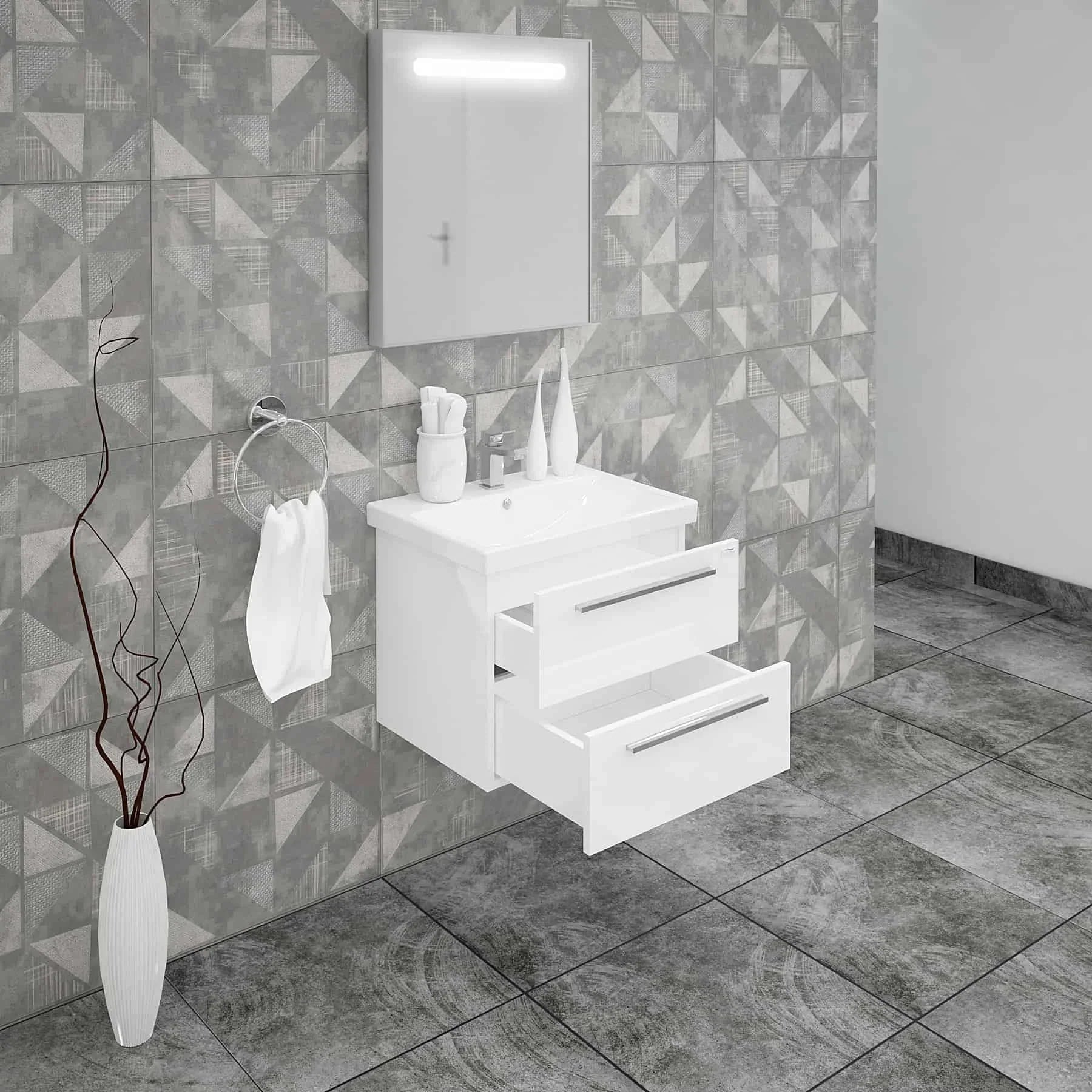 Casa Mare Elke 24 Glossy White Vanity and Ceramic Sink Combo with LED Mirror - Elke60GW-24-MSC-S