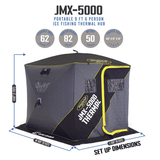 CLAM Jason Mitchell X5000 Portable 9 Ft 6 Person Ice Fishing Thermal Hub Shelter - 320780