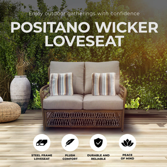Four Seasons Courtyard Positano Wicker Cushioned Loveseat w/ 2 Accessory Pillows - 396087