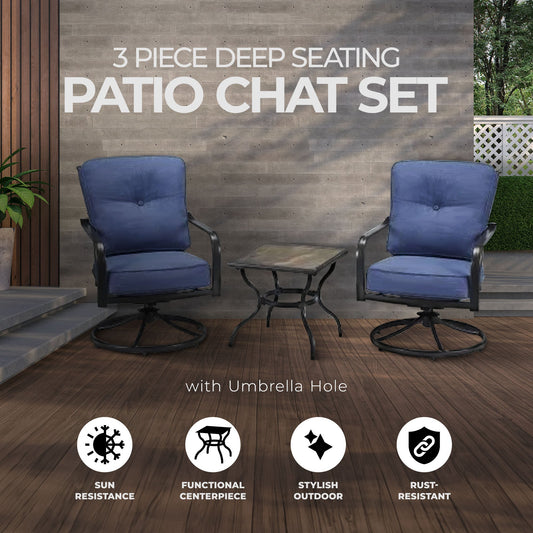 Four Seasons Courtyard Beaumont 3 Piece Deep Seating Patio Chat Set, Denim/Brown - 396116