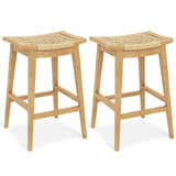 Tangkula Teak Wood Bar Stool, 29” Patio Rattan Barstool with Footrest & Saddle Seat - JV11905