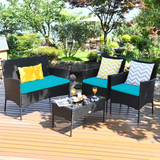 Tangkula Patio Furniture Set, Outdoor Wicker Conversation Set with Tempered Glass Coffee Table - HW65357