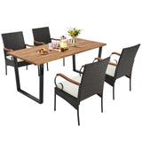 Tangkula Outdoor Wicker Chair & Dining Table Set, Acacia Wood Tabletop & Armrests, 2” Umbrella Hole - HW70833-4+HW70840