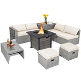 Tangkula 9 Pieces Outdoor Patio Furniture Set with 32-Inch Propane Fire Pit Table - NP10618GR+HW68604DK+