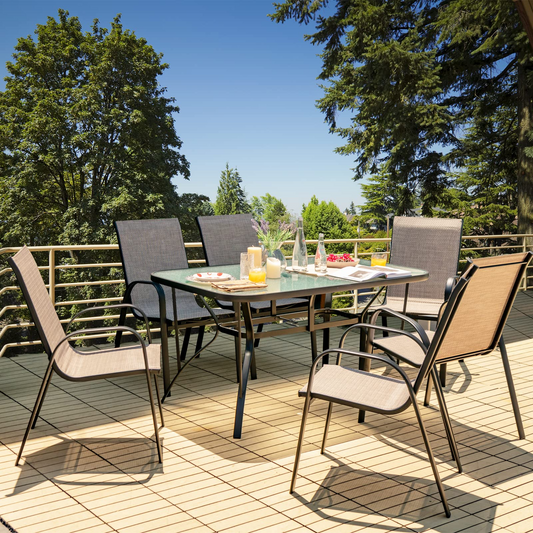 Tangkula Outdoor Furniture Set with 6 Stackable Armchairs & 55" Dining Table, Umbrella Hole - NP10407+