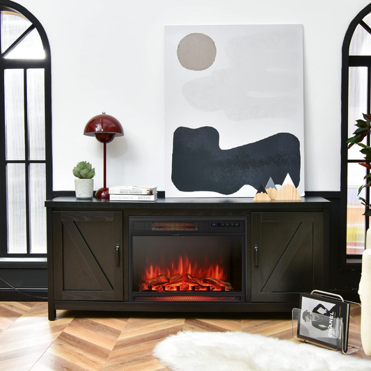 Tangkula HV10085BK+FP10047US Fireplace TV Stand for 65" TVs, Electric Heater