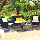 Tangkula Patio Furniture Set, Outdoor Wicker Conversation Set with Tempered Glass Coffee Table - HW65357
