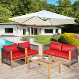 Tangkula Outdoor Wood Furniture Set, Acacia Wood Frame Loveseat Sofa, 2 Single Chairs and Coffee Table - HW63868RE