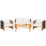 Tangkula Outdoor Wood Furniture Set, Acacia Wood Frame Loveseat Sofa, 2 Single Chairs and Coffee Table - HW63868RE