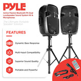 Pyle Active Passive Bluetooth PA Dual Loudspeaker Sound System Kit & Microphones - 84543