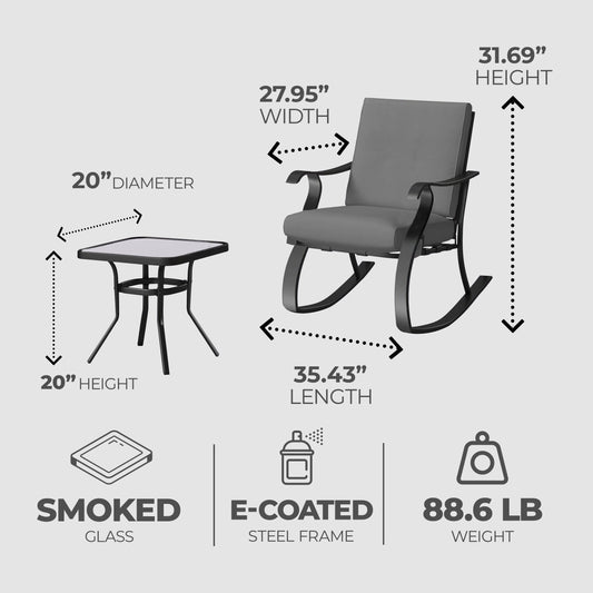 Four Seasons Courtyard Gramercy Sturdy Steel 3 Piece Rocking Bistro Set, Gray - 396145